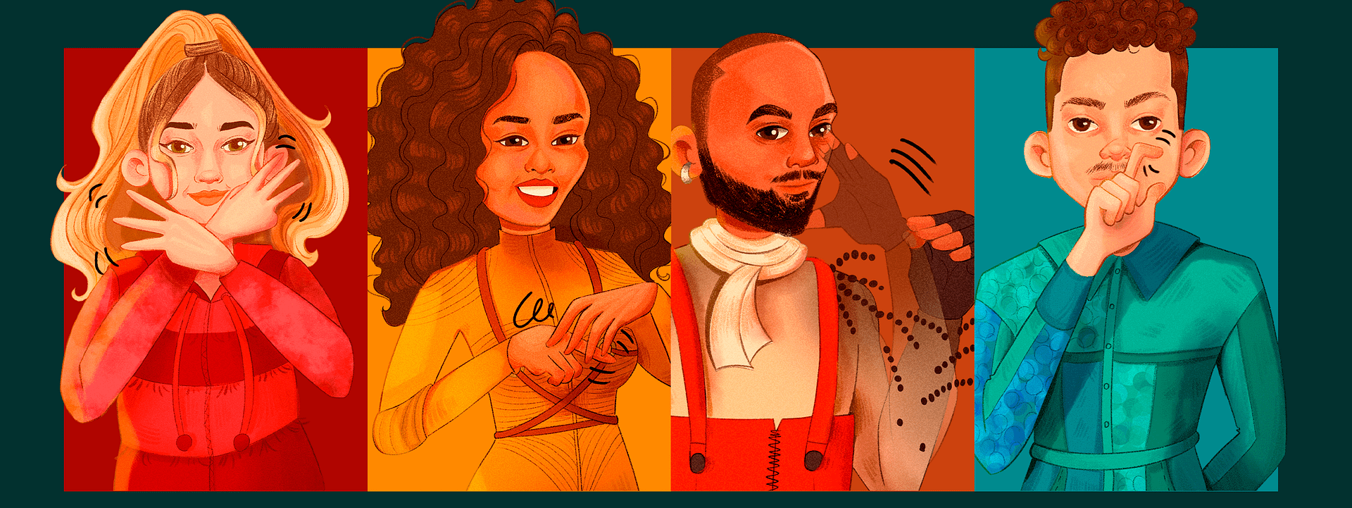 A arte é dividida em quatro seções verticais coloridas, cada uma destacando um dos personagens. Da esquerda para a direita:  1. Ana está em um fundo vermelho, com cabelos loiros presos em um rabo de cavalo. Ela faz o sinal em Libras de Capivara, cruzando os braços na frente do rosto com as mãos abertas, criando uma expressão determinada e focada. 2. Lorena está no fundo amarelo e faz o sinal em Libras de Tatu. Ela tem cabelos castanhos volumosos e um sorriso leve. Suas mãos estão na altura do peito, com uma mão posicionada sobre a outra, formando o sinal. 3. Marcus está no fundo laranja, com uma barba bem cuidada e cabelos curtos. Ele faz o sinal de Lobo, posicionando uma mão ao lado da cabeça com os dedos simulando uma orelha, enquanto a outra mão desenha um movimento para frente, simbolizando o uivo do lobo. 4. Rodrigo aparece em um fundo azul, com cabelo curto e encaracolado. Ele faz o sinal de Maritaca, posicionando uma das mãos na frente da boca, com os dedos indicando o bico do pássaro, enquanto seus olhos transmitem concentração.